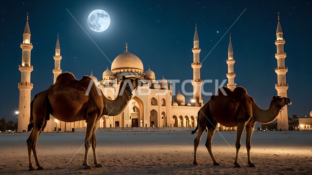 تربية الجمال في محمية طبيعية في المناطق الصحراوية، رعاية الابل في الصحاري، القمر المكتمل المضيء في السماء في الليل, الفن الهندسي المعماري لمسجد في المملكة العربية السعودية, جملان يقفان على الرمال الذهبية الناعمة في الصحراء