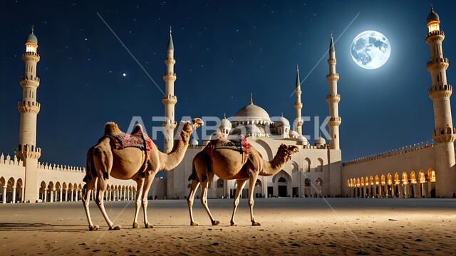 تربية الجمال في محمية طبيعية في المناطق الصحراوية، رعاية الابل في الصحاري، القمر المكتمل المضيء في السماء في الليل, الفن الهندسي المعماري لمسجد في المملكة العربية السعودية, جملان يقفان على الرمال الذهبية الناعمة في الصحراء