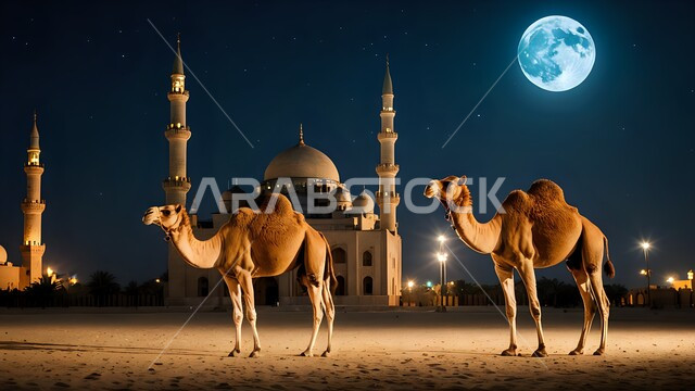 تربية الجمال في محمية طبيعية في المناطق الصحراوية، رعاية الابل في الصحاري، القمر المكتمل المضيء في السماء في الليل, الفن الهندسي المعماري لمسجد في المملكة العربية السعودية, جملان يقفان على الرمال الذهبية الناعمة في الصحراء