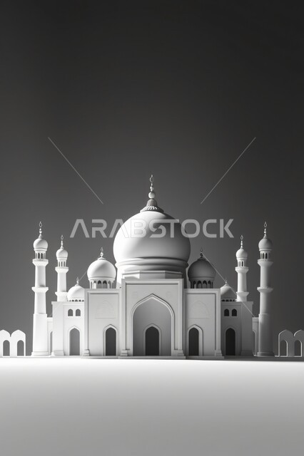 مقصد المسلمين لأداء الصلاة، دار العبادة والتقرب الى الله، أجواء روحانية إسلامية, الفن الهندسي المعماري لبناء المساجد, مجسم ثلاثي الابعاد لمسجد على الطراز العربي الاسلامي باللون الابيض, الأماكن الإسلامية المقدسة، خلفية رمادية