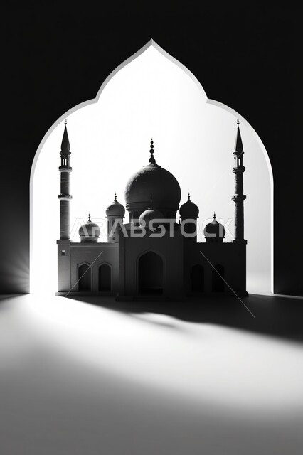 مجسم ثلاثي الابعاد لمسجد على الطراز العربي الاسلامي, الأماكن الإسلامية المقدسة، دار العبادة والتقرب الى الله , مقصد المسلمين لأداء الصلاة، أجواء روحانية إسلامية, الفن الهندسي المعماري لبناء المساجد