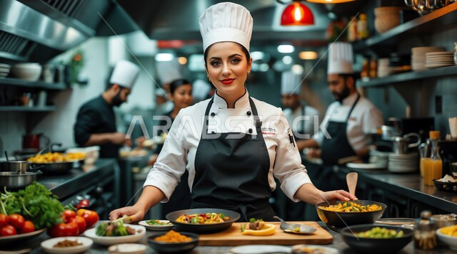 مفهوم إتقان فن الطهي, إعداد وتحضير الطعام في مطابخ و مطاعم المملكة العربية السعودية, احتراف مهنة الطبخ, مهن ووظائف نسائية, طباخة عربية خليجية سعودية ترتدي زي الطهاة مع القبعة البيضاء والمريلة تقف داخل المطبخ وتنظر إلى الكاميرا بإيماءات السعادة والسرور