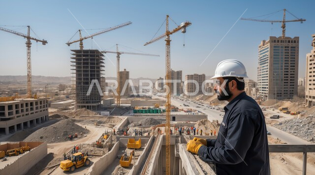 الإعمار بسواعد أبناء الوطن, مفهوم الهندسة المعمارية الإنشائية, المعدات الثقيلة والرافعات والسقالات العالية, صورة من الجانب لعامل عربي خليجي سعودي يرتدي الزي الخاص بالعمل مع خوذة الحماية والقفازات يقف في موقع البناء
