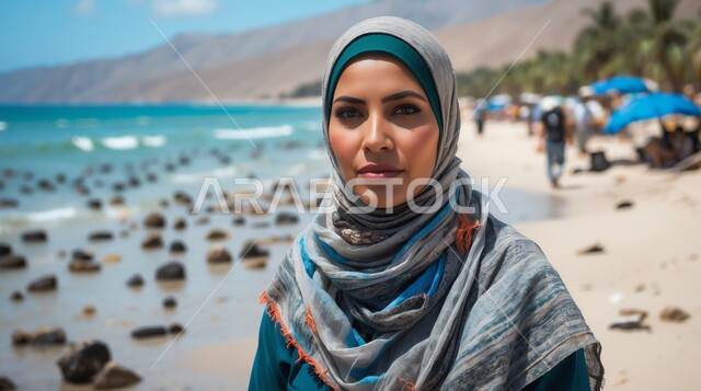 الاستمتاع بالإجازة الصيفية على البحر, قضاء الوقت الممتع في العطلة, رحلة بحرية ترفيهية, صورة مقربة لامرأة عربية خليجية سعودية محجبة ترتدي الزي الكاجوال تقف على الشاطئ في النهار