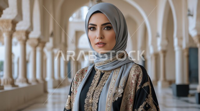 مفهوم العبادة والتقرب إلى الله تعالى, أداء فريضة الصلاة على وقتها, الفن الهندسي المعماري للمساجد على الطراز العربي الإسلامي, التصميم المميز للأعمدة والاقواس, صورة مقربة لامرأة عربية خليجية سعودية ترتدي الحجاب تقف داخل مسجد وتنظر إلى الكاميرا