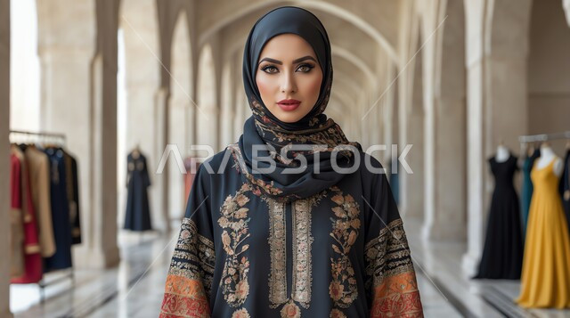 The concept of femininity and softness, interest in elegance and outward appearance, elegant modern veiled fashion, close-up of a veiled Saudi Arabian Gulf woman wearing a patterned abaya standing in a clothing store and looking at the camera
