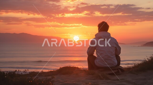 منظر السماء المليئة بالغيوم وقت غروب الشمس, الاستمتاع بالجو الهادئ على البحر, قضاء الوقت الممتع, صورة من الخلف لشاب عربي خليجي سعودي يرتدي الزي الكاجوال يجلس على الرمال الذهبية الناعمة على الشاطئ, المناظر الطبيعية الساحلية في المملكة العربية السعودية
