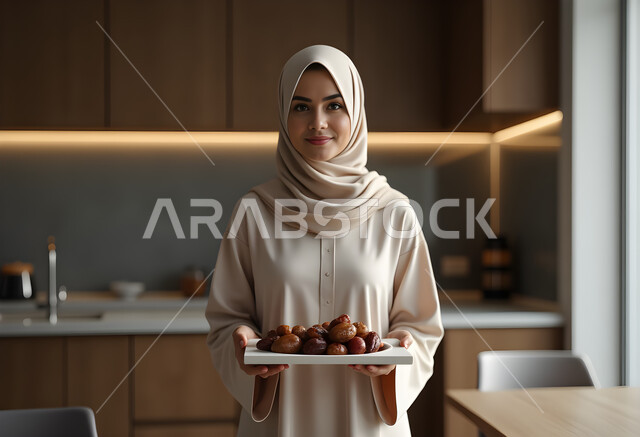 عادات وتقاليد السعويين في اكرام الضيف، طبق مليء بالتمور، حسن الاستقبال وكرم الضيافة، امرأة عربية خليجية سعودية محجبة مبتسمة ترتدي العباءة تحمل صحن من التمر السكري اللذيذ، غذاء صحي ومفيد، افطار الصائم في رمضان، منتج محلي وطني، وجبة ذات قيمة غذائية عالية