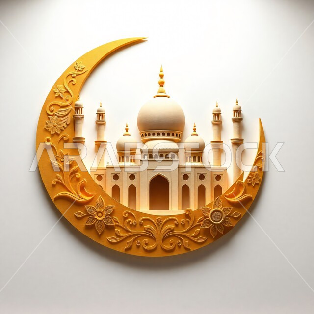 التصميم المتميز للقبب والمآذن, نداء المسلمين لأداء فريضة الصلاة, الفن الهندسي المعماري للمساجد, مفهوم العبادة والتقرب إلى الله تعالى, مسجد إسلامي مع الهلال المزخرف, خلفية بيضاء
