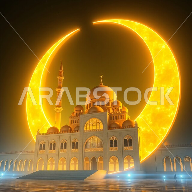 الفن الهندسي المعماري للمساجد على الطراز العربي الإسلامي, التصميم المتميز للقبب والمآذن, منظر الهلال المضيء في السماء في الليل, نداء المسلمين لأداء فريضة الصلاة, مفهوم العبادة والتقرب إلى الله تعالى