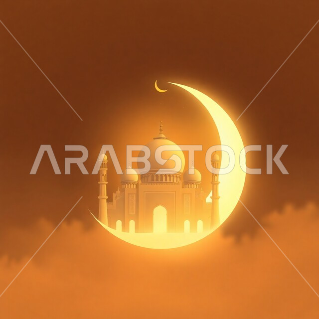 Call of Muslims to perform the obligatory prayer, Islamic style mosque architecture, concept of worship and closeness to Allah Almighty, 3D illustration of a mosque, distinctive design of domes and minarets, beige background