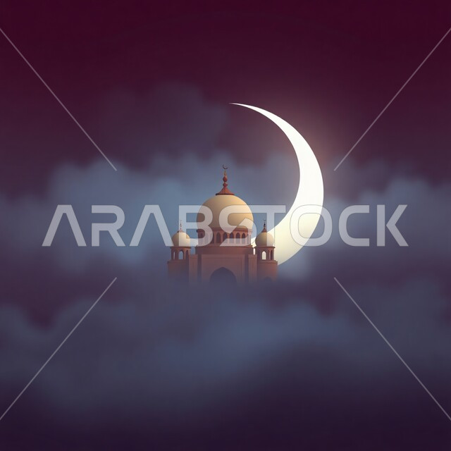 رسم توضيحي ثلاثي الأبعاد لمسجد, التصميم المتميز للقبب والمآذن, نداء المسلمين لأداء فريضة الصلاة, الفن الهندسي المعماري للمساجد على الطراز الإسلامي, مفهوم العبادة والتقرب إلى الله تعالى, خلفية الهلال والسحب في السماء