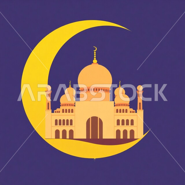 مفهوم العبادة والتقرب إلى الله تعالى, رسم توضيحي ثلاثي الأبعاد لمسجد, التصميم المتميز للقبب والمآذن, نداء المسلمين لأداء فريضة الصلاة, الفن الهندسي المعماري للمساجد على الطراز الإسلامي, خلفية بنفسجية