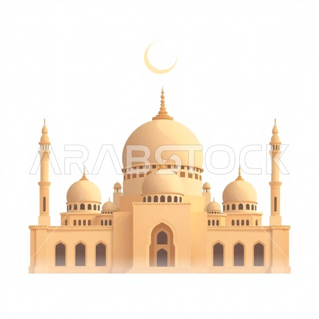 الفن الهندسي المعماري للمساجد على الطراز الإسلامي, مفهوم العبادة والتقرب إلى الله تعالى, رسم توضيحي ثلاثي الأبعاد لمسجد, التصميم المتميز للقبب والمآذن, نداء المسلمين لأداء فريضة الصلاة, خلفية بيضاء