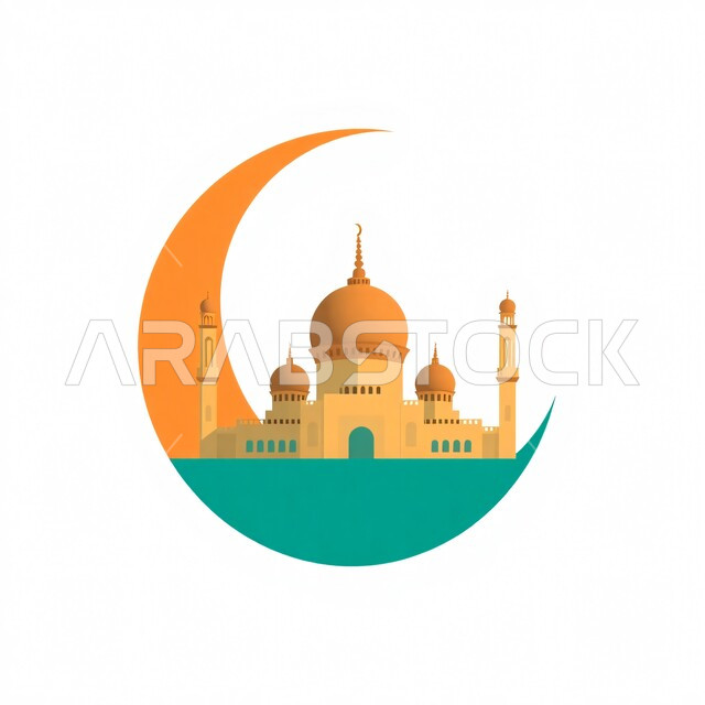 نداء المسلمين لأداء فريضة الصلاة, الفن الهندسي المعماري للمساجد على الطراز الإسلامي, مفهوم العبادة والتقرب إلى الله تعالى, رسم توضيحي ثلاثي الأبعاد لمسجد, التصميم المتميز للقبب والمآذن, خلفية بيضاء