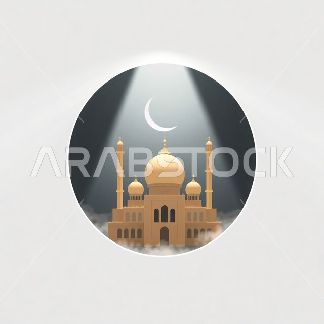 التصميم المتميز للقبب والمآذن, نداء المسلمين لأداء فريضة الصلاة, الفن الهندسي المعماري للمساجد على الطراز الإسلامي, مفهوم العبادة والتقرب إلى الله تعالى, رسم توضيحي ثلاثي الأبعاد لمسجد, خلفية رمادية
