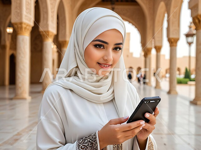 تصفح مواقع السوشل ميديا، الاستمتاع بقضاء وقت ممتع في إحدى المناطق العامة, التواصل عبر التطبيقات الالكترونية الحديثة, صورة مقربة لشابة عربية خليجية سعودية محجبة ترتدي العباءة تقوم بالتحدث مع الأصدقاء عبر الهاتف المحمول، استخدام جهاز تقني حديث ومتطور