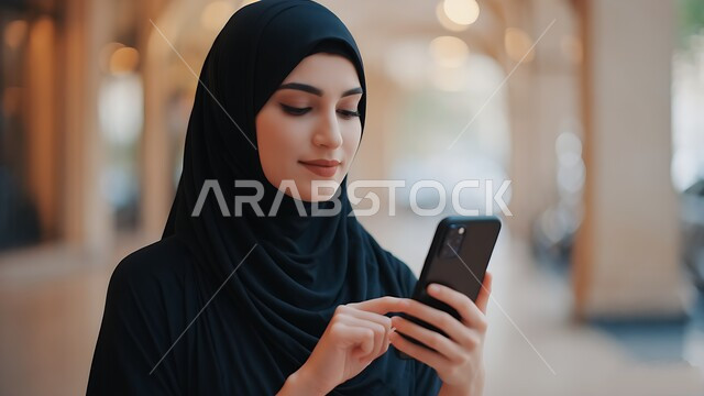 تصفح مواقع السوشل ميديا، الاستمتاع بقضاء وقت ممتع في إحدى المناطق العامة, التواصل عبر التطبيقات الالكترونية الحديثة, صورة مقربة لشابة عربية خليجية سعودية محجبة ترتدي العباءة تقوم بالتحدث مع الأصدقاء عبر الهاتف المحمول، استخدام جهاز تقني حديث ومتطور
