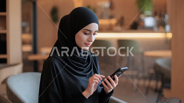 الاستمتاع بقضاء وقت ممتع في إحدى المناطق العامة, التواصل عبر التطبيقات الالكترونية الحديثة, صورة مقربة لشابة عربية خليجية سعودية محجبة ترتدي العباءة تقوم بالتحدث مع الأصدقاء عبر الهاتف المحمول، استخدام جهاز تقني حديث ومتطور، تصفح مواقع السوشل ميديا