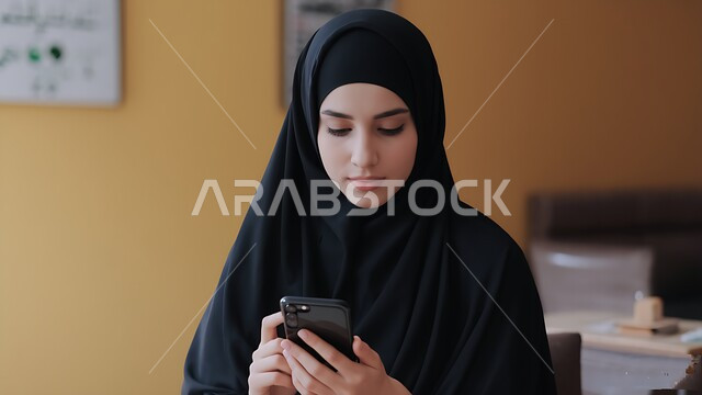 Using a modern and advanced technical device, browsing social media sites, enjoying a good time, communicating via modern electronic applications, a close-up photo of a veiled Saudi Arabian Gulf young woman wearing an abaya talking to friends via mobile phone