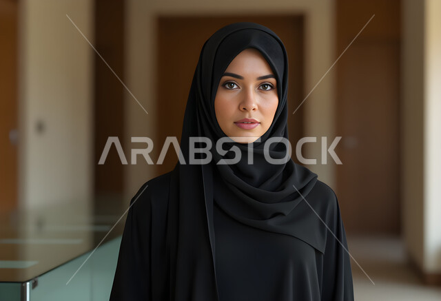 الاهتمام بالأناقة والمظهر الخارجي, مفهوم الانوثة والنعومة, أزياء محجبات عصرية أنيقة, صورة مقربة لامرأة عربية خليجية سعودية محجبة ترتدي العباءة السوداء تنظر إلى الكاميرا بإيماءات السعادة والسرور