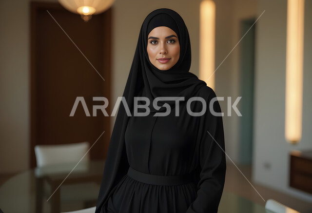 مفهوم الانوثة والنعومة, الاهتمام بالأناقة والمظهر الخارجي, أزياء محجبات عصرية أنيقة, امرأة عربية خليجية سعودية محجبة ترتدي العباءة السوداء تنظر إلى الكاميرا بإيماءات السعادة والسرور