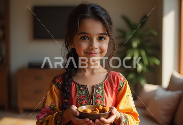 النظر إلى الكاميرا بإيماءات السعادة والسرور, مفهوم البراءة والطفولة, تعابير البهجة والفرح, ضيافة رمضانية تقليدية, منتج محلي وطني, الرطب الخليجي الفاخر, صورة مقربة لفتاة عربية خليجية سعودية ترتدي زي شعبي تحمل بيديها طبق من التمر