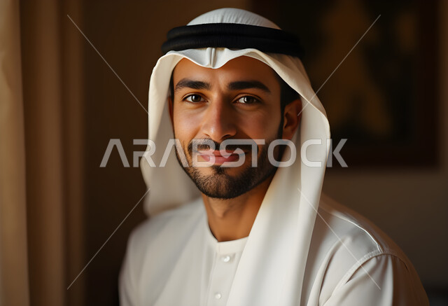الاهتمام بالمظهر الخارجي, مفهوم الأناقة والرجولة, صورة مقربة لرجل عربي خليجي سعودي مبتسم يرتدي الثوب التقليدي والغترة البيضاء ينظر إلى الكاميرا بإيماءات السعادة والسرور