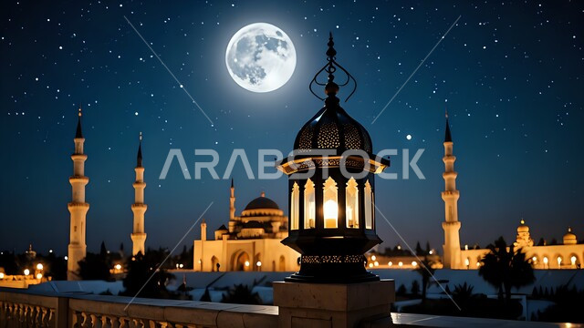 فانوس معدني مزخرف مضيء أمام المسجد, الفن الهندسي المعماري للمساجد على الطراز العربي الإسلامي, الأجواء الرمضانية الروحانية, منظر القمر والنجوم في السماء في الليل, زينة واكسسوار شهر رمضان المبارك, مصباح عربي تقليدي