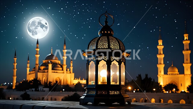 مصباح عربي تقليدي, فانوس معدني مزخرف مضيء أمام المسجد, الفن الهندسي المعماري للمساجد على الطراز العربي الإسلامي, الأجواء الرمضانية الروحانية, منظر القمر والنجوم في السماء في الليل, زينة واكسسوار شهر رمضان المبارك