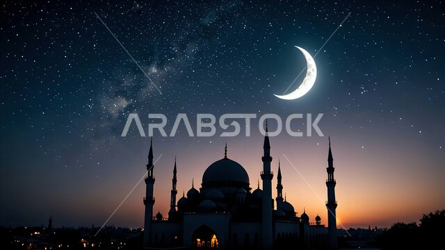 العبادة والتقرب إلى الله، أماكن أداء الصلاة والطاعات، منظر الهلال في السماء الملية بالنجوم، مجرة درب التبانة، الفن الهندسي المعماري لبناء مسجد في المملكة العربية السعودية، الديكور الخارجي للقبب والمآذن على الطراز الديني الاسلامي