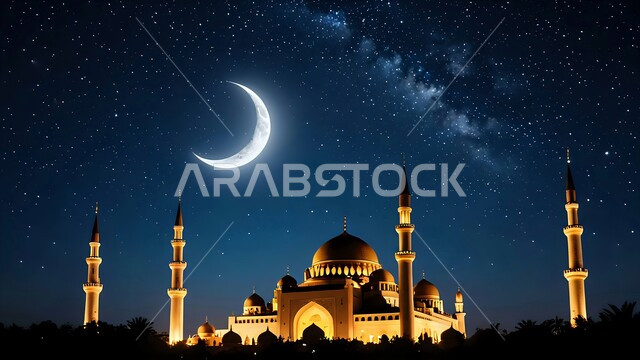 الديكور الخارجي للقبب والمآذن على الطراز الديني الاسلامي, العبادة والتقرب إلى الله، أماكن أداء الصلاة والطاعات، منظر الهلال في السماء الملية بالنجوم، مجرة درب التبانة، الفن الهندسي المعماري لبناء مسجد في المملكة العربية السعودية