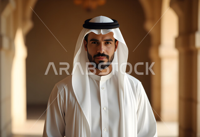 مفهوم الرجولة والقوة والثقة بالنفس، صورة مقربة لرجل عربي خليجي سعودي يرتدي الثوب التقليدي والغترة البيضاء ينظر الى الكاميرا بإيماءات الجدية والحزم، الاهتمام بالأناقة والمظهر الخارجي