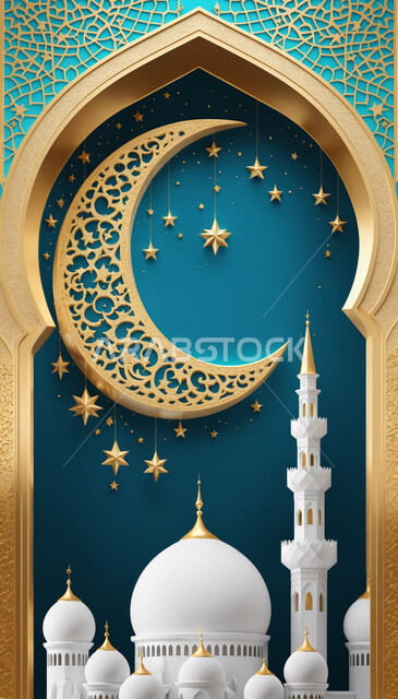 مسجد بتصميم معماري على الطراز الإسلامي باللون الأبيض مع هلال ذهبي مزخرف, تحف وزينة لاستقبال شهر رمضان المبارك, نداء المسلمين لأداء فريضة الصلاة, مفهوم العبادة والتقرب إلى الله تعالى, الأجواء الرمضانية الروحانية, خلفية زرقاء