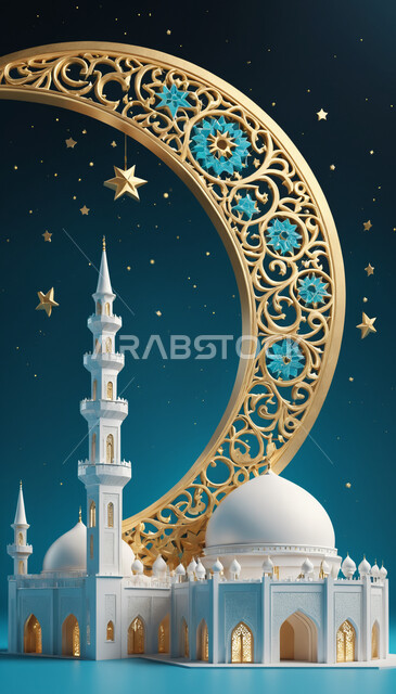 تحف وزينة لاستقبال شهر رمضان المبارك, نداء المسلمين لأداء فريضة الصلاة, مفهوم العبادة والتقرب إلى الله تعالى, الأجواء الرمضانية الروحانية, مسجد بتصميم معماري على الطراز الإسلامي باللون الأبيض مع هلال ذهبي مزخرف, خلفية زرقاء
