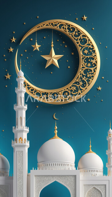 نداء المسلمين لأداء فريضة الصلاة, مفهوم العبادة والتقرب إلى الله تعالى, الأجواء الرمضانية الروحانية, مسجد بتصميم معماري على الطراز الإسلامي باللون الأبيض مع هلال ذهبي مزخرف, تحف وزينة لاستقبال شهر رمضان المبارك, خلفية زرقاء