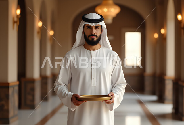 النظر الى الكاميرا بإيماءات الجدية والحزم، الاهتمام بالأناقة والمظهر الخارجي، مفهوم الرجولة والقوة والثقة بالنفس، رجل عربي خليجي اماراتي  يرتدي الكندورة والغترة البيضاء يحمل بيده طبق
