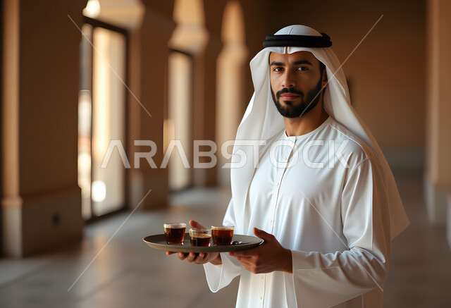 حسن الاستقبال والضيافة في الامارات العربية المتحدة، النظر الى الكاميرا بإيماءات الجدية والحزم، الاهتمام بالأناقة والمظهر الخارجي، مفهوم الرجولة والقوة والثقة بالنفس، رجل عربي خليجي اماراتي يرتدي الكندورة والغترة البيضاء يحمل أكواب الشاي