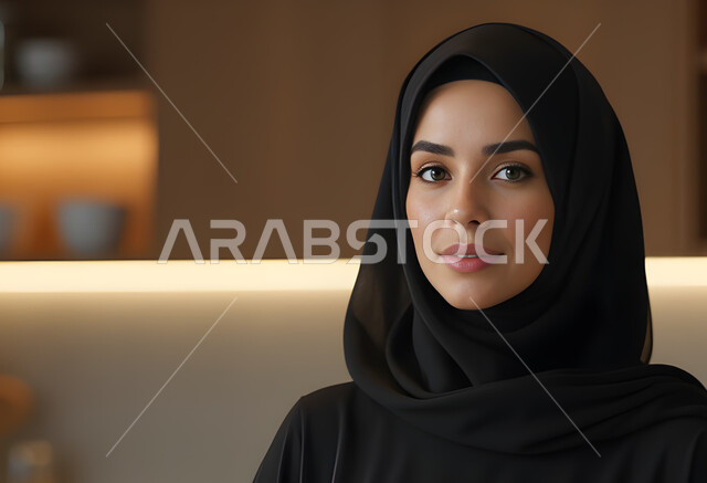 الاهتمام بالأناقة والمظهر الخارجي, مفهوم الانوثة والنعومة, أزياء محجبات عصرية أنيقة, صورة مقربة لامرأة عربية خليجية سعودية محجبة ترتدي العباءة السوداء تنظر إلى الكاميرا بإيماءات السعادة والسرور