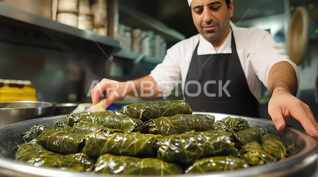 وصفة اليبرق التقليدية الشهية، فن طهي الطعام في مطاعم ومطابخ المملكة العربية السعودية, الأكل العربي الشرقي اللذيذ, إتقان واحتراف مهنة الطبخ, صورة مقربة لشيف عربي خليجي سعودي يرتدي زي الطهاة والمريلة يقوم بإعداد ورق العنب اللذيذ