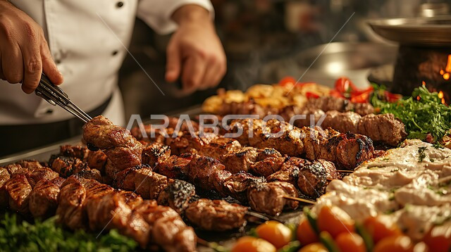 وجبة ذات قيمة غذائية عالية, وصفة اللحوم الساخنة الشهية, الأكل العربي الشرقي التقليدي, فنطهي الطعام في مطاعم ومطابخ المملكة العربية السعودية, صورة مقربة لشيف عربي خليجي سعودي يقوم بتحضير أسياخ اللحم المشوي اللذيذ