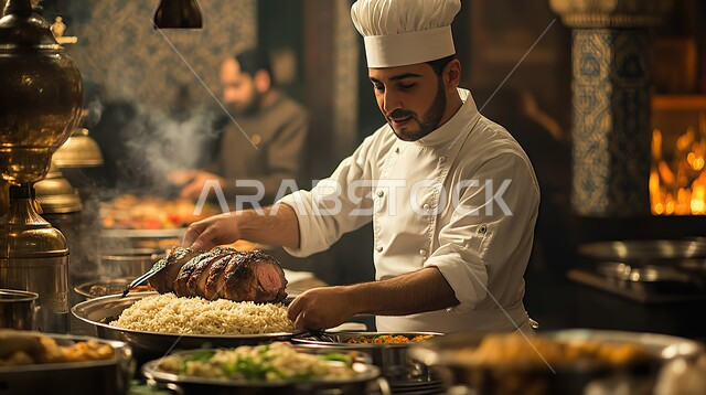 Mastering and professionalizing the cooking profession, the delicious traditional Mandi recipe, the art of serving food in restaurants and kitchens in the Kingdom of Saudi Arabia, delicious oriental Arab food, a Saudi Gulf Arab chef wearing a chef's uniform and a white hat preparing a dish of rice with grilled pieces of meat