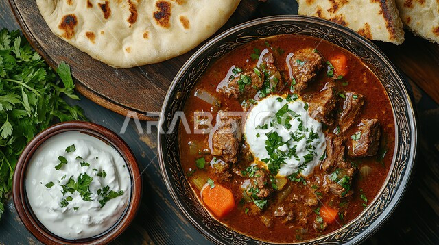 وجبة غذائية صحية مغذية, فن تقديم الطعام في مطاعم ومطابخ المملكة العربية السعودية, الأكل العربي الشرقي اللذيذ, وصفة تقليدية شعبية شهية, وعاء من مرق اللحم بالصلصة الحمراء المزين بالبقدونس