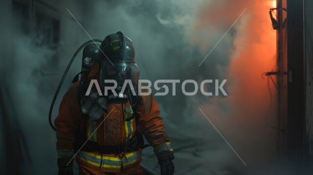 مساعدة الناس والتطوع بعمليات الإنقاذ, الاستجابة لحالات طوارئ اندلاع الحريق, صورة مقربة لرجل إطفاء عربي خليجي سعودي يرتدي سترة الحماية والقناع الواقي يقف وسط الدخان المتصاعد, إخماد الحرائق المشتعلة