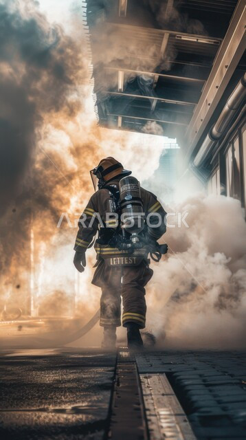 الاستجابة لحالات طوارئ اندلاع الحريق, مساعدة الناس والتطوع بعمليات الإنقاذ, صورة من الخلف لرجل إطفاء عربي خليجي سعودي يرتدي سترة الحماية والقناع الواقي يمشي وسط الدخان المتصاعد, إخماد الحرائق المشتعلة