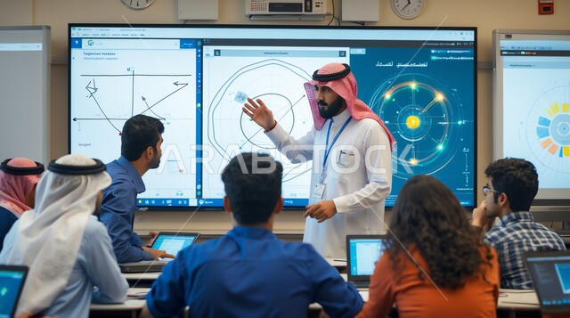 دمج التقنيات الحديثة والمتطورة مع العملية التعليمية, التعليم في المملكة العربية السعودية, اكتساب المعرفة و الخبرات العلمية, مفهوم الاجتهاد والتفوق, معلم عربي خليجي سعودي يرتدي الثوب التقليدي والشماغ يقوم بشرح الدروس على الشاشة للطلاب