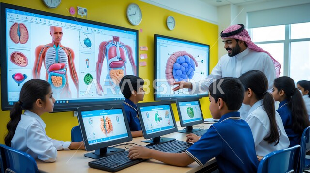 التعليم في المملكة العربية السعودية, استخدام أجهزة الحاسب لاكتساب المعرفة و الخبرات العلمية, مفهوم الاجتهاد والتفوق, معلم عربي خليجي سعودي يرتدي الثوب التقليدي والشماغ يقوم بشرح درس الأحياء على الشاشة, دمج التقنيات الحديثة والمتطورة مع العملية التعليمية