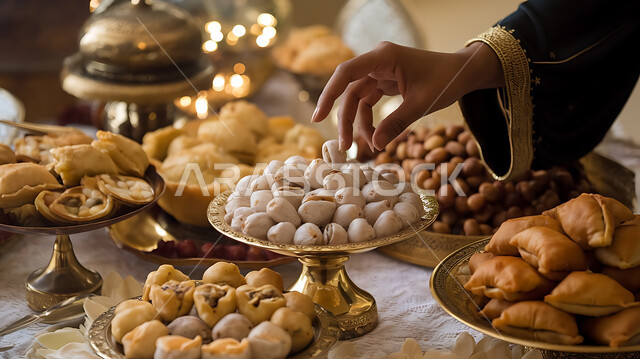 وجبة إفطار رمضانية غذائية صحية مغذية, تشكيلة متنوعة من الأكل على المائدة, طبق السمبوسك المقلي التقليدي مع التمر, صورة مقربة ليد تقوم بترتيب سفرة من الأطباق الشرقية الشعبية التقليدية, فن تقديم الطعام في مطاعم ومطابخ المملكة العربية السعودية