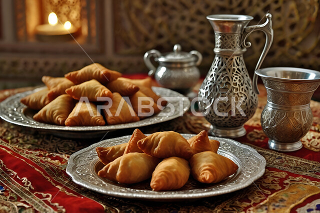 Traditional fried samosa dish, a table of traditional popular oriental dishes, the art of food presentation in restaurants and kitchens in the Kingdom of Saudi Arabia, a healthy and nutritious Ramadan breakfast meal, a variety of food on the table