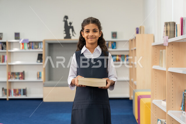 التعليم والدراسة في الإمارات، تنمية مهارة القراءة للطلاب, حب الثقافة والاستطلاع، طالبة عربية خليجية إماراتية ترتدي الزي المدرسي تحمل مجموعة كتب تنظر إلى الكاميرا بإيماءات السرور والسعادة، قضاء وقت الفراغ بالتعلم والتثقف الذاتي, زيارة مكتبة المدرسة